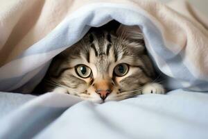 Cat in bed under the blanket photo