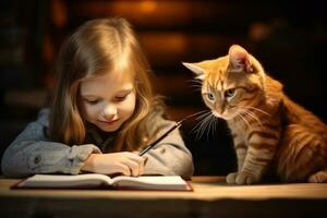 niña es leyendo con su gato foto