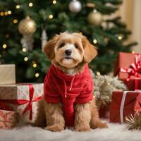 A dog in a red sweater sits under the Christmas tree photo