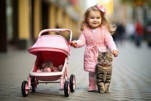 Little girl pushes a cat in a pink toy stroller photo