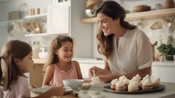 A beautiful girl of 10 years old bakes cupcakes with her mother in a kitchen. photo