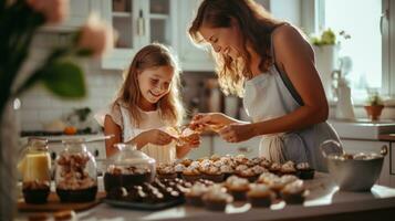A beautiful girl of 10 years old bakes cupcakes with her mother in a kitchen. photo