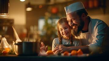 papá con un niña de 10 años Cocinando desayuno juntos foto