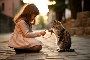 A girl holds a rope with a bow and a cat plays with her on the street photo
