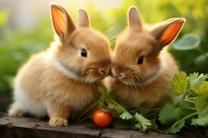 Two rabbits nibble on two carrots in the garden. photo