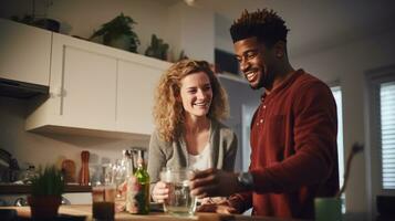 Black man and chinese woman cooking breakfast together. photo