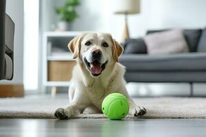 A dog is playing with a green ball in a living room photo