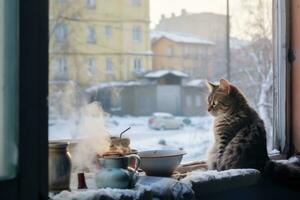 Cat is sitting near the window photo