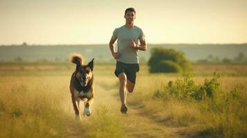 A man jogging with his dog photo