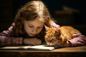niña es leyendo con su gato foto