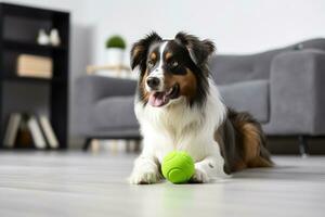 A dog is playing with a green ball in a living room photo