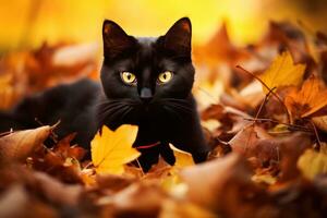 negro gato en otoño hojas foto