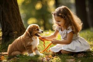 niña jugando con un perrito con un cinta en el jardín foto