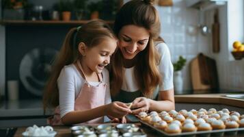 A beautiful girl of 10 years old bakes cupcakes with her mother in a kitchen. photo