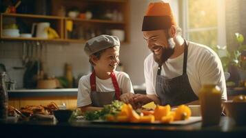 papá con un hijo de 10 años Cocinando desayuno juntos foto