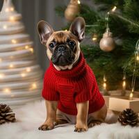 A dog in a red sweater sits under the Christmas tree photo