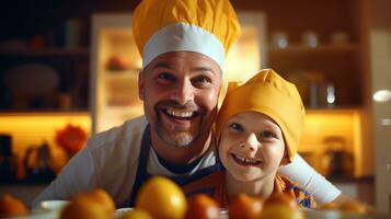 papá con un hijo de 10 años Cocinando desayuno juntos foto