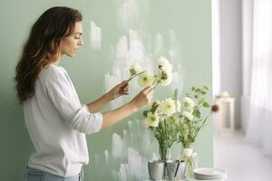 Beautiful woman and vase of flowers in a room with light green wallpaper. photo