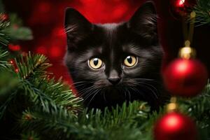 Cat in red sweater under the Christmas tree photo