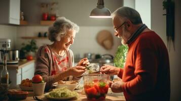 Old couple cooking breakfast together photo