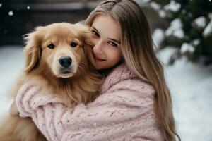 A dog sits in the arms of a girl in a soft pink sweater. photo