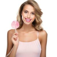 Beautiful Woman Eating Big Pink Lollipop isolated. photo