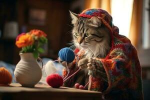 Cat plays with knitting balls photo