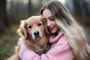 A dog sits in the arms of a girl in a soft pink sweater. photo