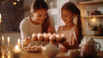 A beautiful girl of 10 years old bakes cupcakes with her mother in a kitchen. photo