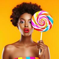 Beautiful Woman Eating Big Pink Lollipop isolated. photo