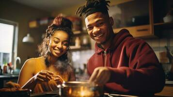 Black man and chinese woman cooking breakfast together. photo