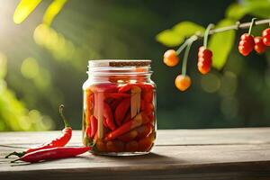 chili in a glass jar at wooden table, generative Ai photo