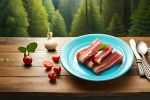 delicious bacon in a plate at wooden table, generative Ai art photo