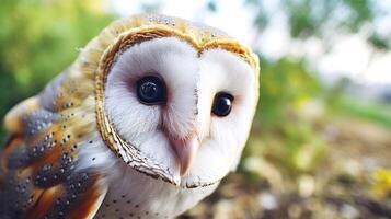 genial con cuernos búho búho tyto cabeza de alba de cerca ai generativo foto