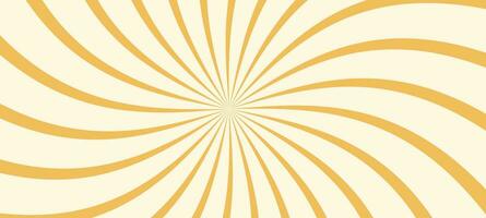 Yellow sunburst with vibrant sunshine, set retro swirl pattern. Wavy spiral and circle rays in orange tones. Flat vector illustration isolated