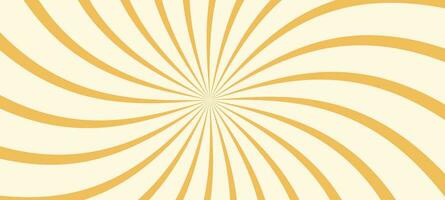 Yellow sunburst with vibrant sunshine, set retro swirl pattern. Wavy spiral and circle rays in orange tones. Flat vector illustration isolated