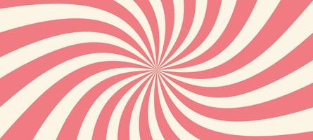 Pink ice cream and candy swirl background, lollipop vortex patterns intermixed with strawberry and circus elements. Retro spiral design. Flat vector illustration isolated