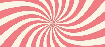 Pink ice cream and candy swirl background, lollipop vortex patterns intermixed with strawberry and circus elements. Retro spiral design. Flat vector illustration isolated