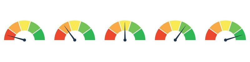 Speedometer showcasing progress level. High risk dial gauge indicating speed and score. Infographic element with a bar scale. Flat vector illustration isolated on white background.