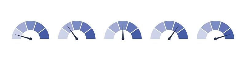 Dynamic speedometer gauge, various levels. Indicator highlights from low to high speed or stress. Flat vector illustration isolated on white background.