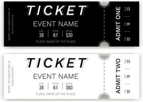 Classic black and white admission tickets. Tear off or stub entrance ticket with dots. Vector design template for concert event, music performance, show