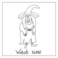 Doodle witch isolated on white. Hand-drawn doodle illustration. Halloween witch, decoration. Outlined doodle drawing. vector