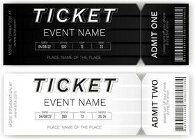 Classic black and white admission tickets. Tear off or stub entrance ticket with dots. Vector design template for concert event, music performance, show