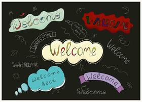 Hand drawn welcome signs in doodle style. Welcome in a bubble. Colorful and outlined welcome text for decoration, design. vector