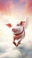 Pig in the clouds. Cute piglets running in the sky. AI generative photo