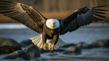 American bald eagle in flight. Bald Eagle Haliaeetus leucocephalus in flight. AI generative photo