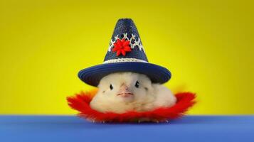 Cute little chicken wearing a hat on colored background with copy space. AI generative photo