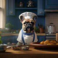 Funny image of a French Bulldog in a chef costume, showcasing culinary humor in the kitchen setting. Copy space Perfect for food-related projects and entertainment-themed designs, photo