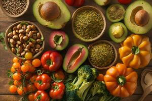 Indulge in the colorful nourishment of a captivating image showcasing a diverse selection of healthy foods ai generative photo