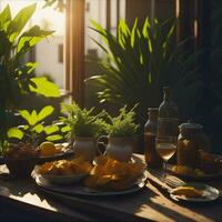 Highlight the sunlight and warm tones in the image to create a cheerful and inviting ambiance photo